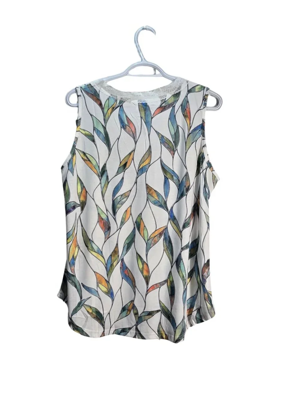 NWT | Abstract Leaf Print Lace Trim V-Neck Sleeveless Tank Top Colorful | Large - Picture 3 of 6